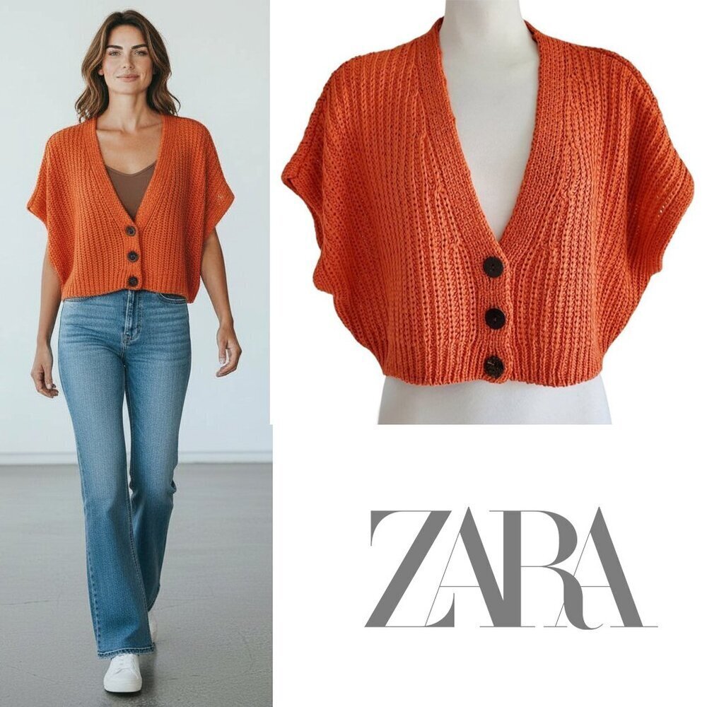 Zara Cropped Orange Knit Sleeveless 3 Button Vest / Cardigan Size S